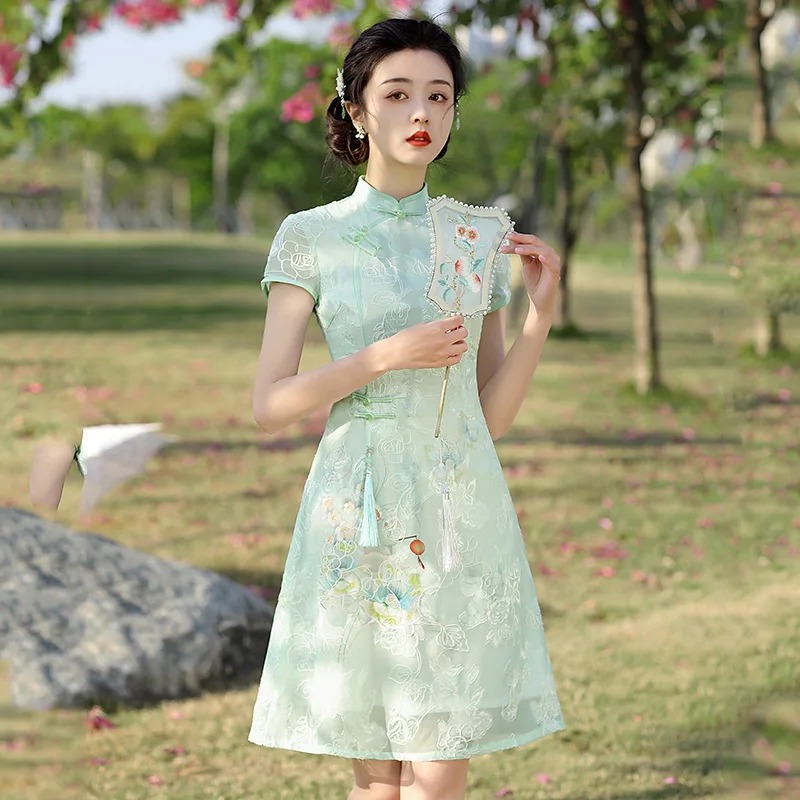 

2023 New Chiffon Jacquard Qipao Chinese Traditional Dress Women's Plus Size 4Xl Stand-Up Collar Fashion Fairy Goddess Cheongsam