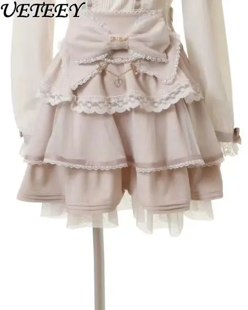 

Japanese Mine Series Mass Multi-Layer Lace Big Bow Sweet Kawaii Pink Short Skirt Women Spring Autumn New Ruffled Lolita Skirts