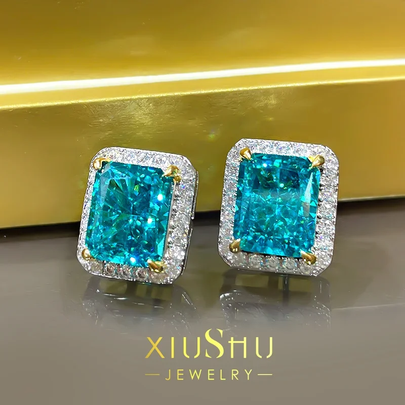 

Desire Laparaiba Earrings Mint Green High Carbon Diamond Radiant Rectangle Ins Cool Style Fashion Personality E154