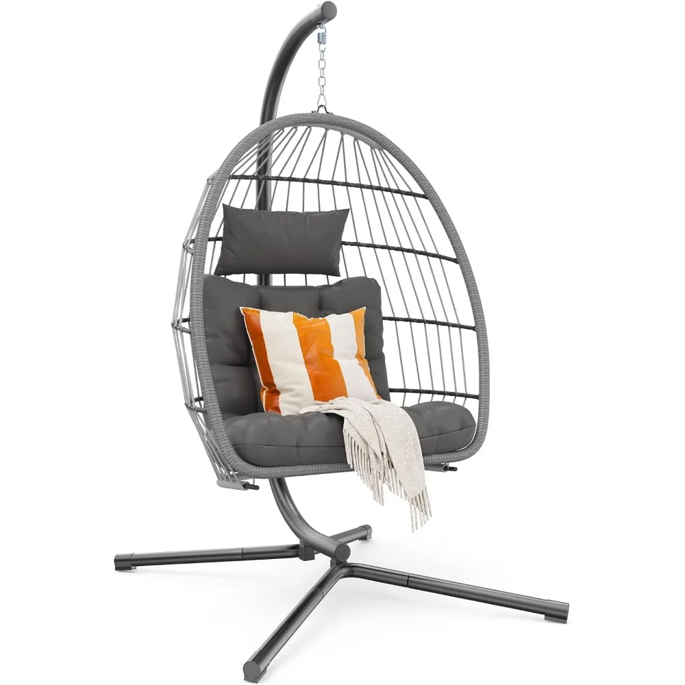 Hanging Egg Swing Chair with Stand, Patio Wicker Hammock Egg Swing with Cushion for Bedroom Garden Indoor Outdoor (Gray) 2