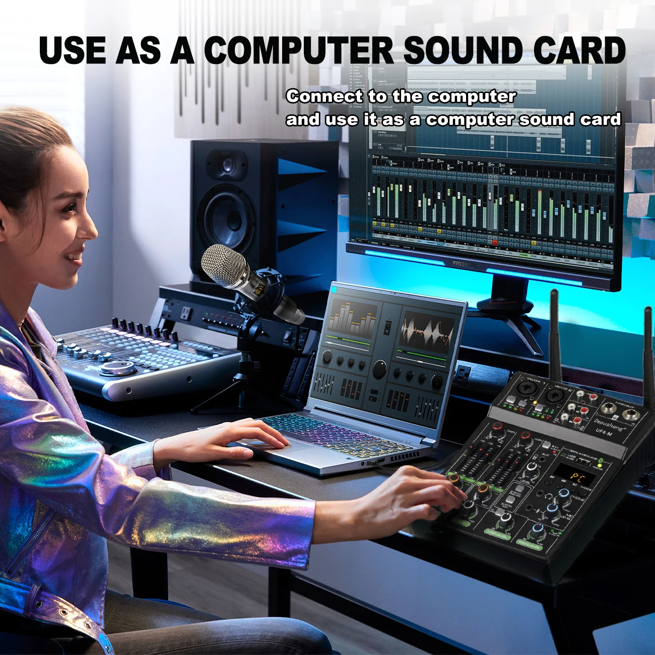 Audio Mixer 4 Channel High Power Amplifie Sound mixing with Microphone Depusheng UF4-M Digital Board Console for Karaoke Stage audio mixer