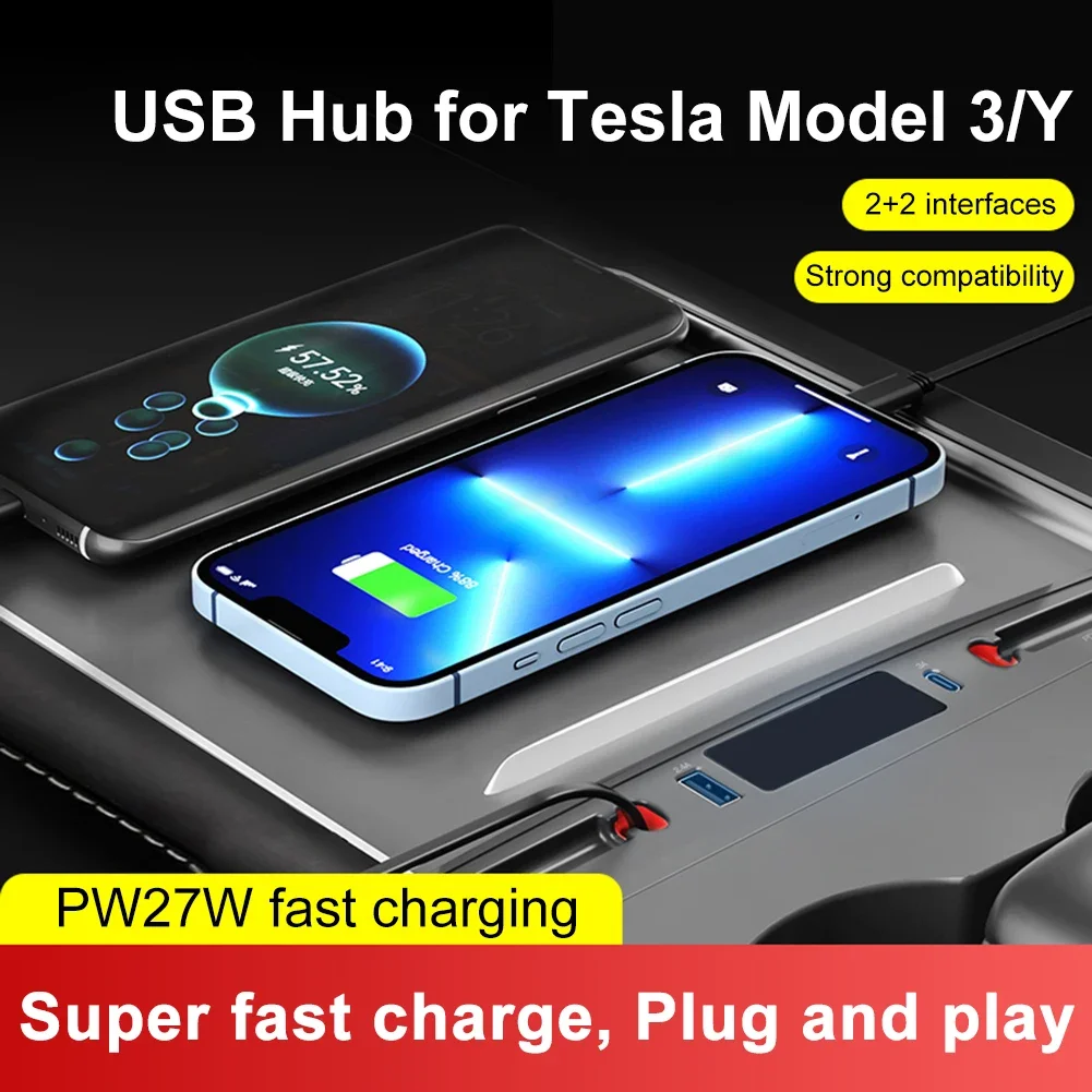 

27W Quick Charger LED Intelligent Docking Station USB Shunt Hub For Tesla Model 3 / Y 4 Ports Powered Splitter Extension