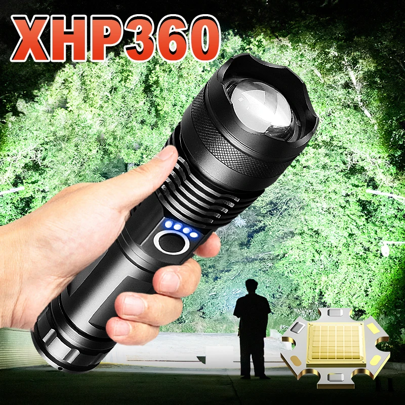 슈퍼 XHP360 LED 손전등 18650 USB 충전식 고출력 전술 손전등, XHP70 강력한 토치, IPX6 방수 랜턴