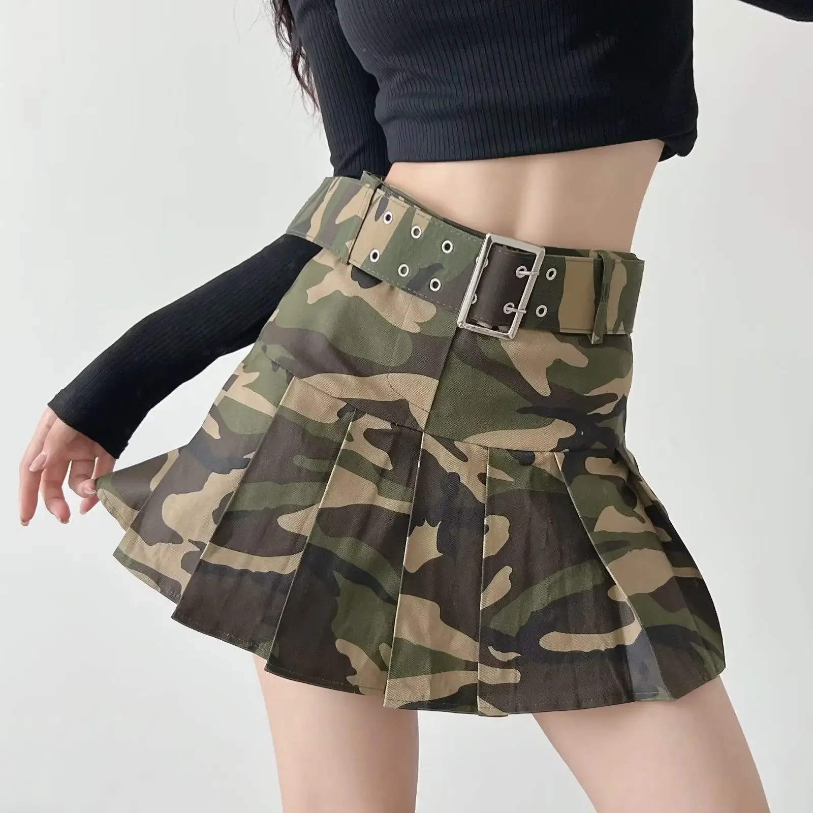 Camouflage anti glare pleated work dress for women with belt, spicy girl A-line skirt, mini ultra short  plaid skirt