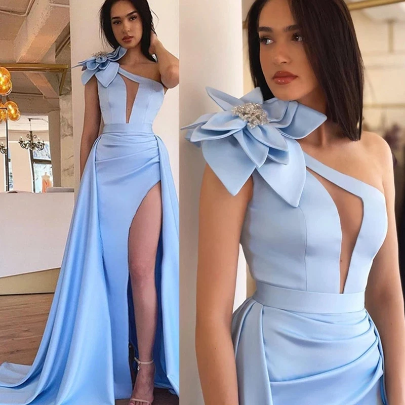 mermaid prom dresses Sexy A-Line Satin Evening Dresses Long 2022 Beads 3D Flower Sleeveless High Split Cut-Out One Shoulder Prom Gowns For Women long sleeve prom & dance dresses