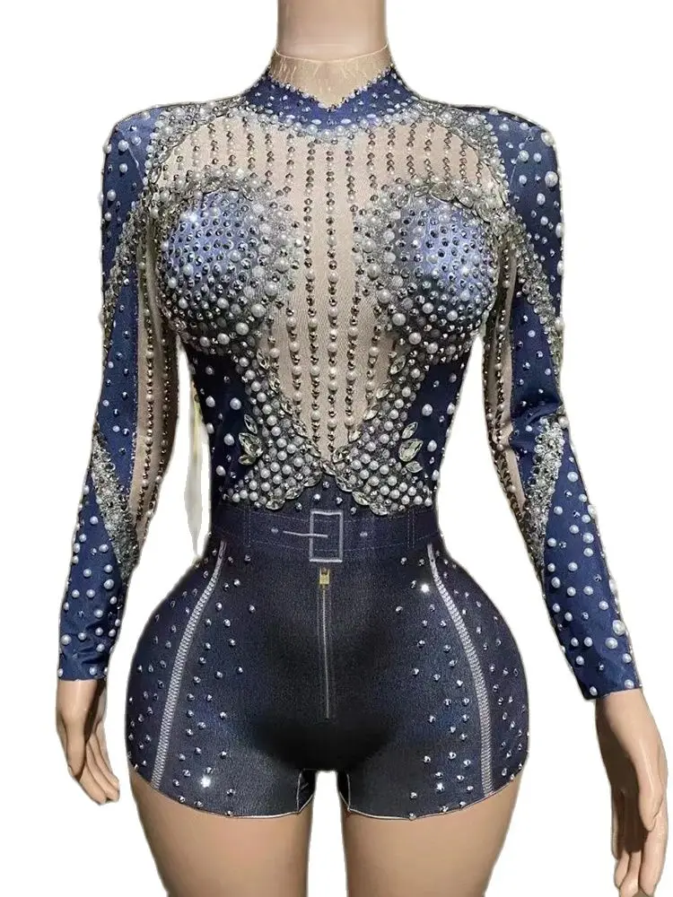 

Высокое качество, хит продаж, эластичный Облегающий комбинезон со стразами и бусинами, шорты, новинка 2024, модная женская одежда