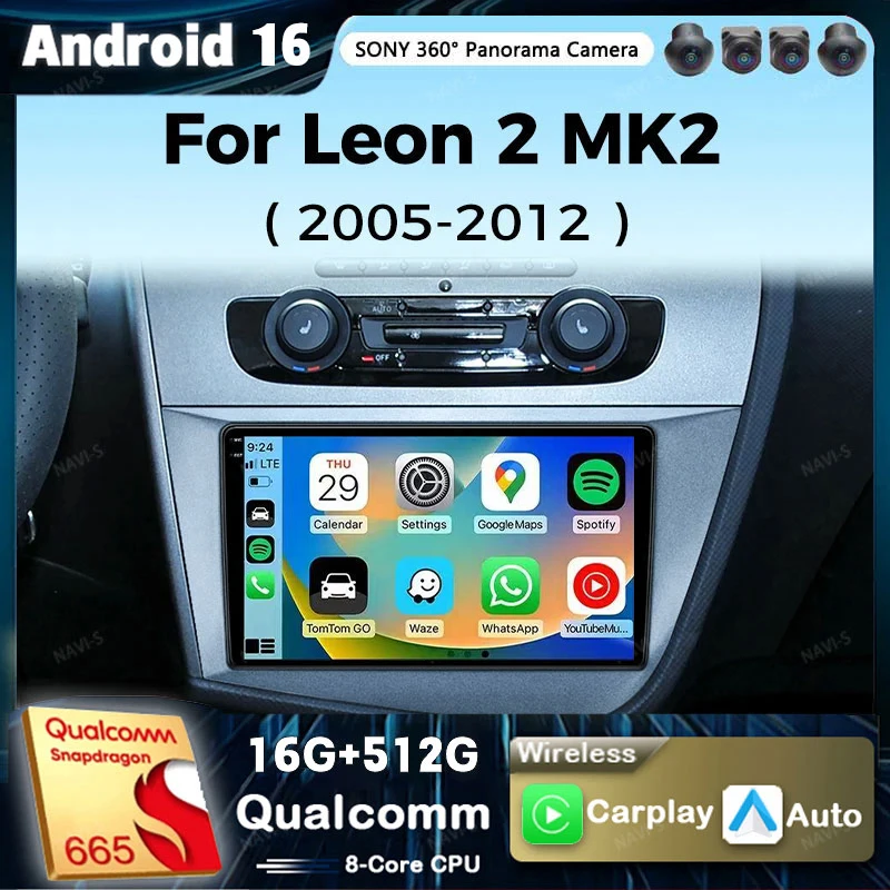 Radio para Auto con Android 16 y Qualcomm Carplay para Seat Leon 2 MK2 2005-2012, Reproductor Multimedia de Video, Navegación GPS, Unidad Principal Estéreo con Bluetooth 1