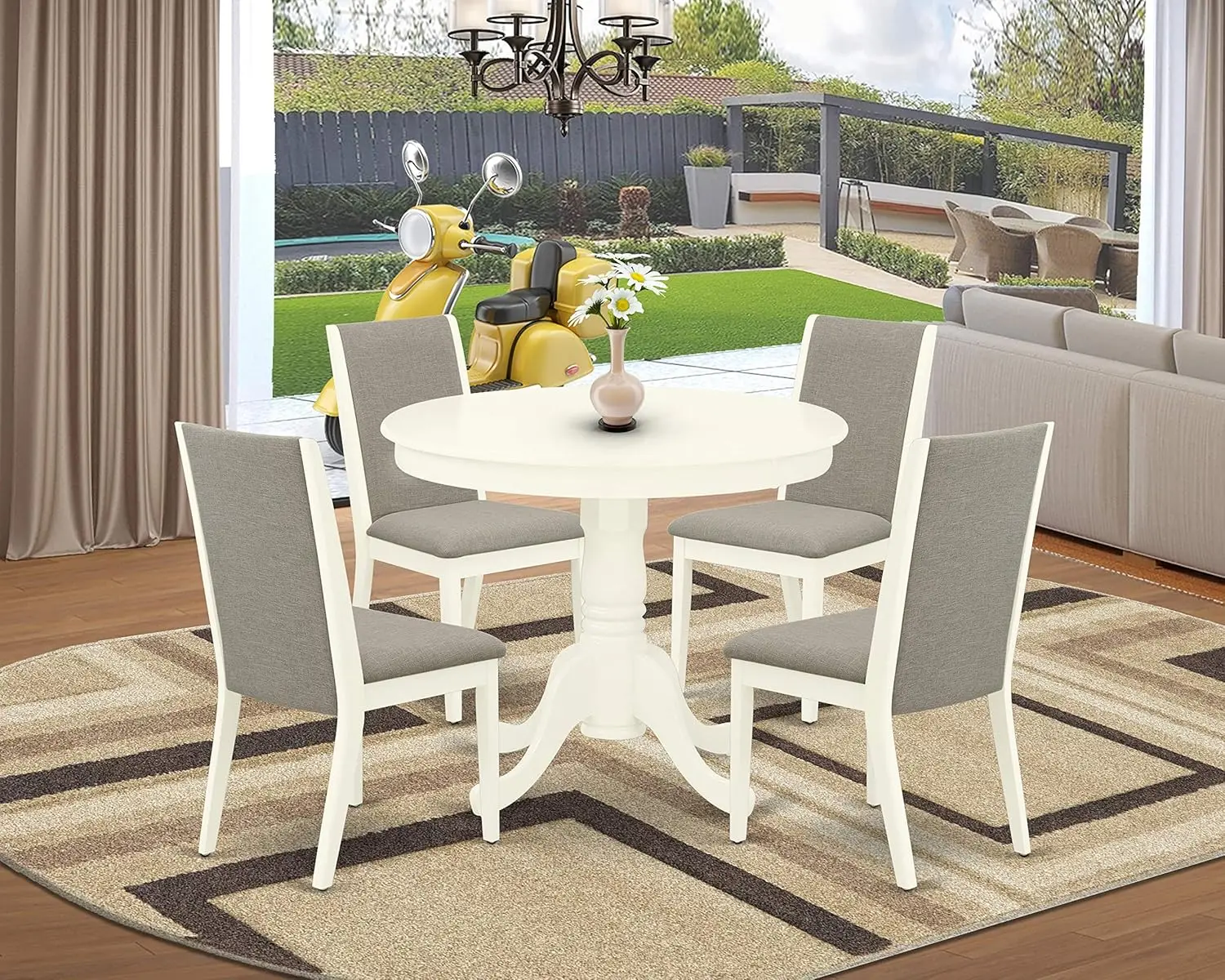 

East West Furniture ANLA5-LWH-06, набор мебели для комнаты из 5 предметов включает круглый кухонный стол с подставкой и 4 шт. льняной ткани Shitake