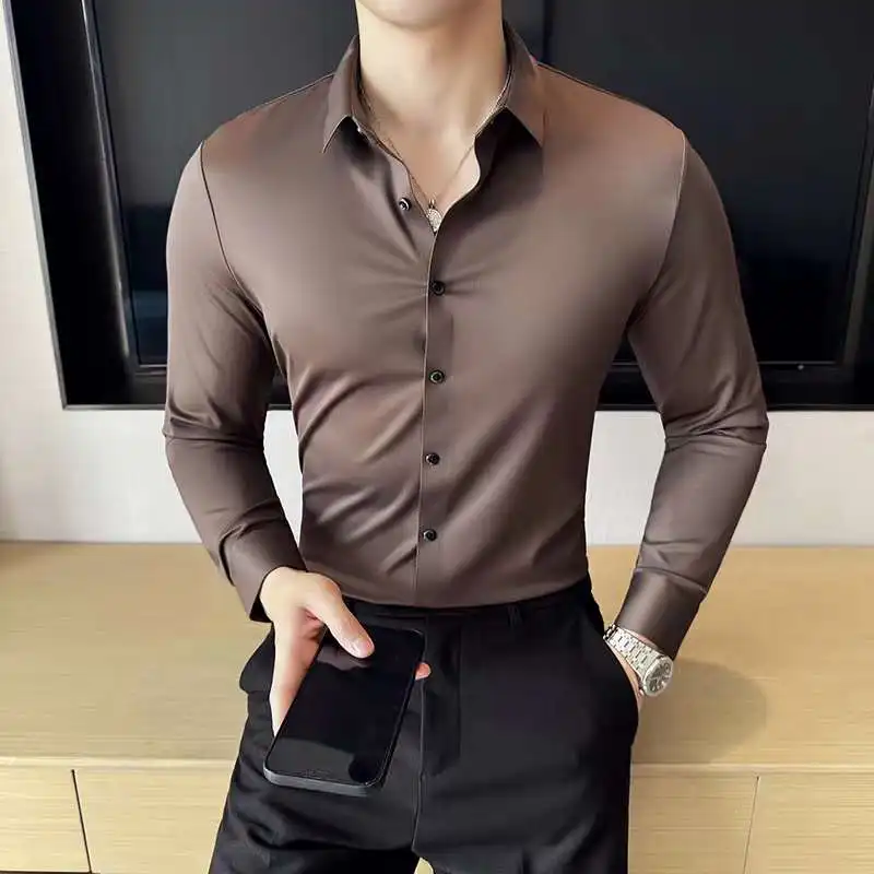 

Мужская Антибактериальная бесшовная рубашка размера плюс 4XL-M, Высококачественная деловая Повседневная высокоэластичная бесшовная рубашка с длинными рукавами