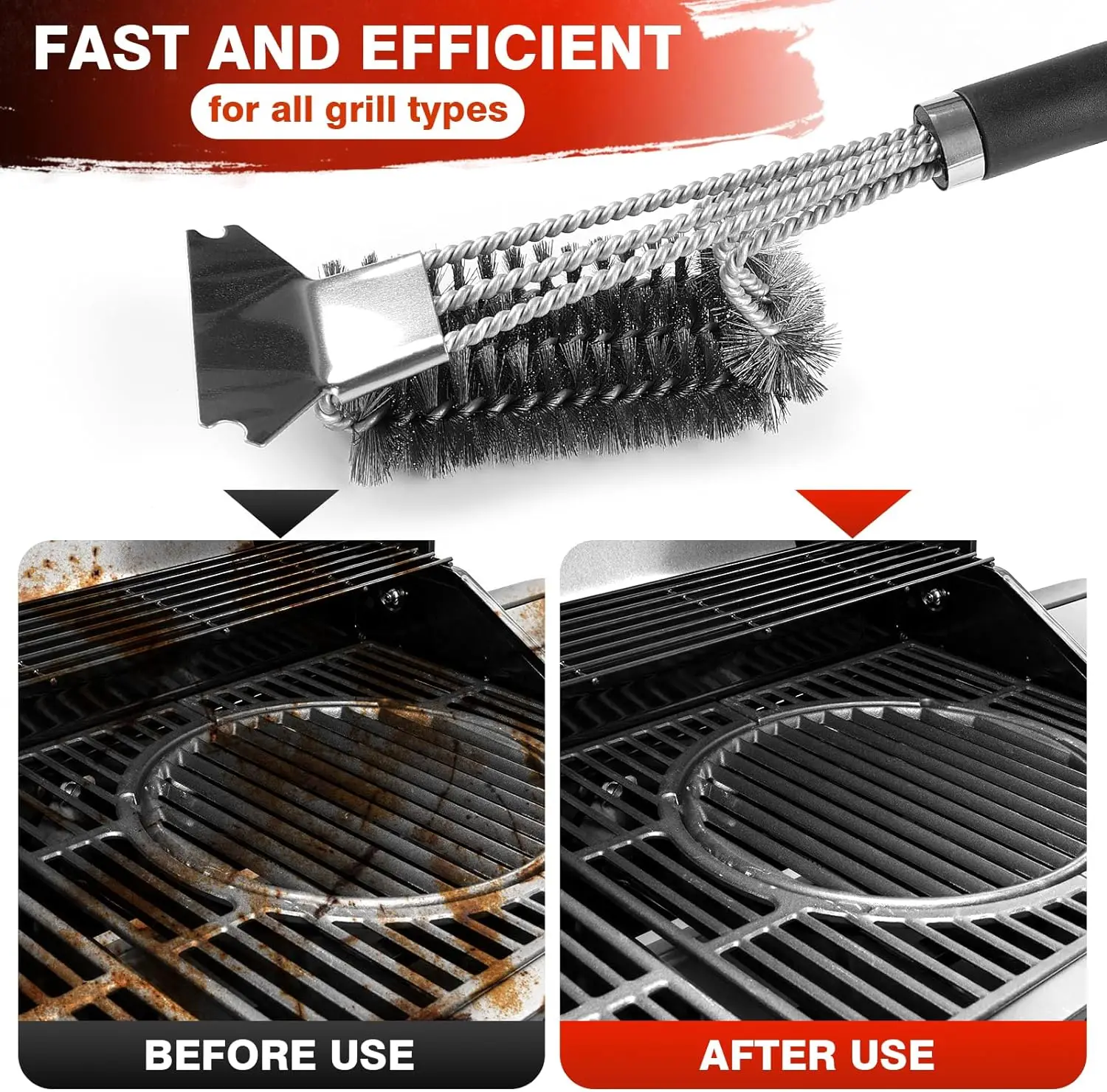 Grill Brush with Scraper BBQ Cleaner Brush Stainless Steel Bristles and Safe Long Handle Cleaning Tool for All Grill Press