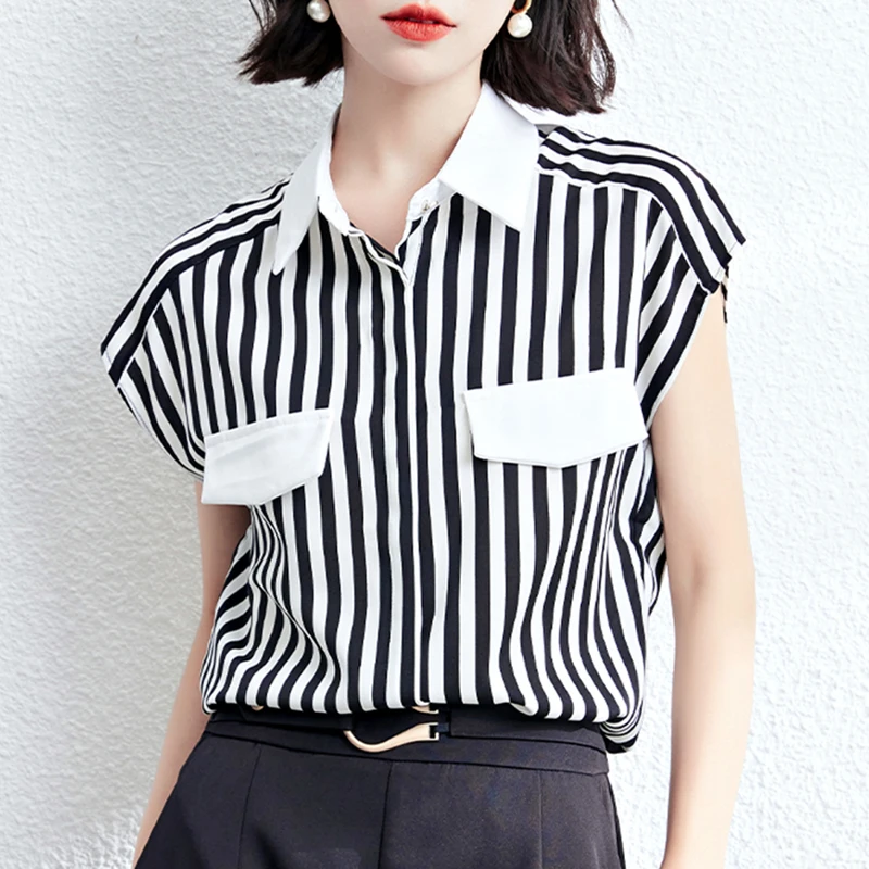 2023 Summer Casual Chiffon Blouse Women Turn-Down Collar Short Sleeve Tops Female Striped Office Ladies Shirts Blusas Feminina