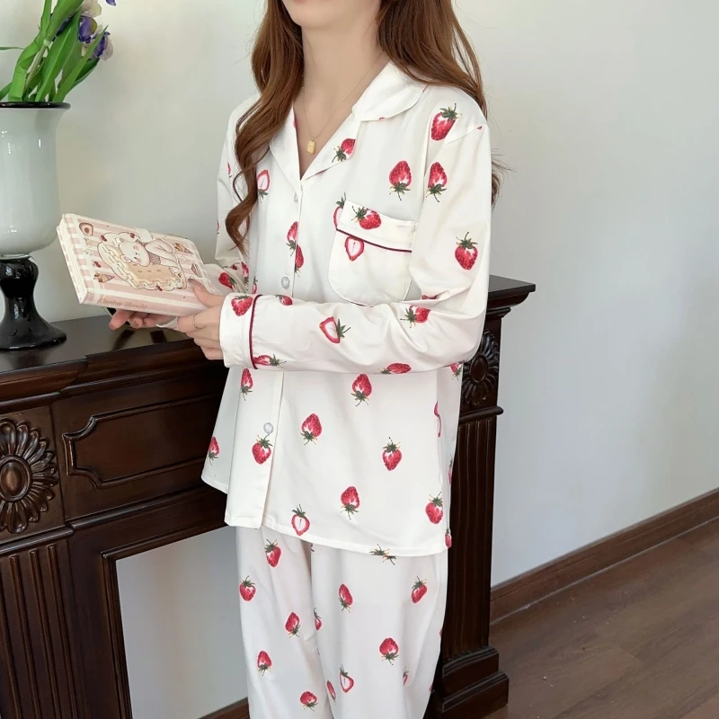 Spring Autumn Women's Pajamas Lapel Long Sleeve Cardigan Pants Loose Fitting Casual Jacquard Home Clothing Set Sweet Sleepwear