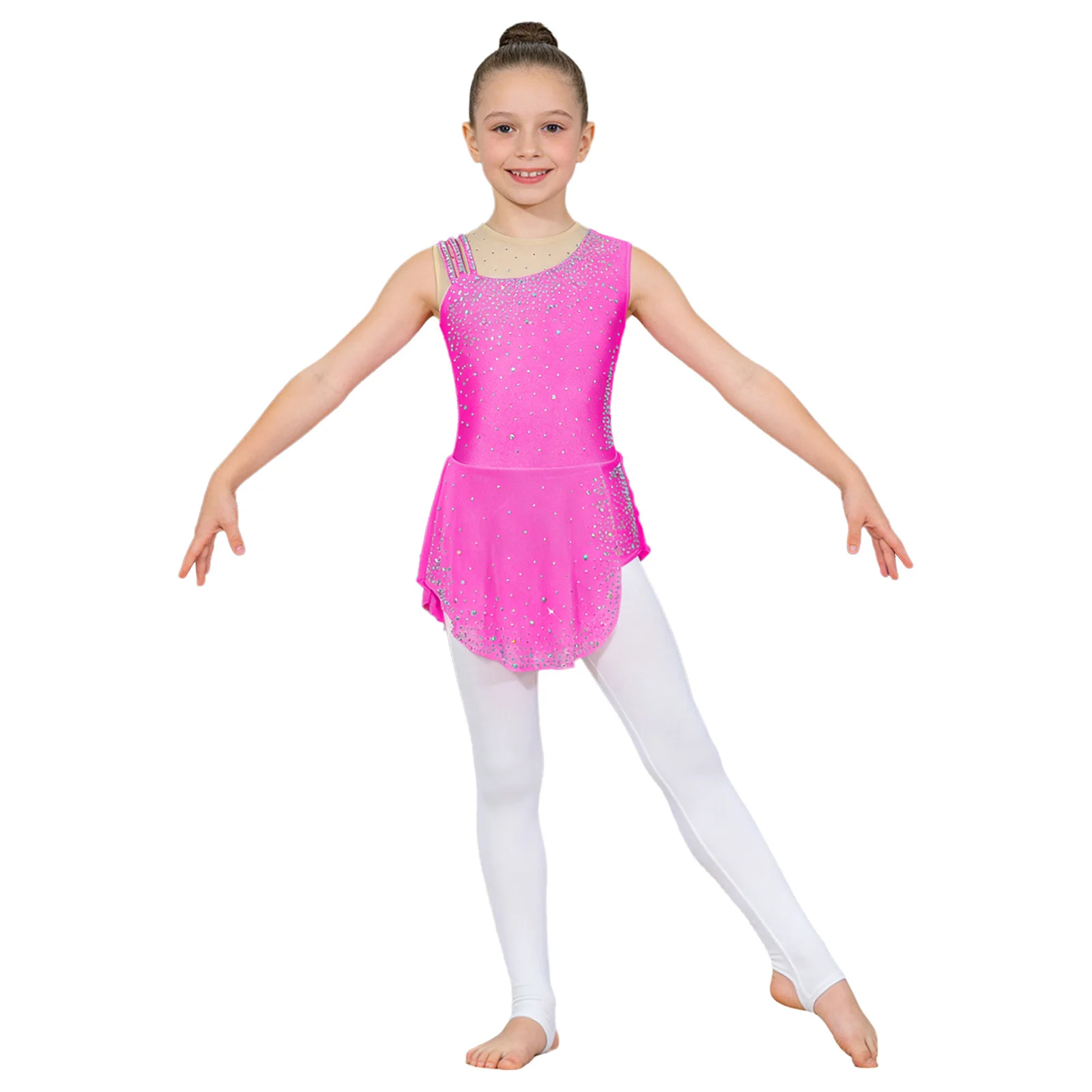 Mädchen Einschultriges Strass-Rhythmische-Gymnastik-Kleid Eiskunstlauf-Kleid Unregelmäßiger Netzrock Kinder Ballett Lyrisches Tanzkostüm – Detail 7