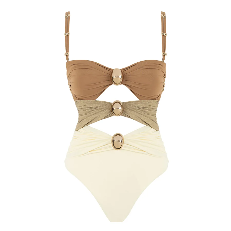 Summer 2024 Hot selling Metal Round Button Decorative Block Color Hollow out Swimsuit Set in Europe and America for Women