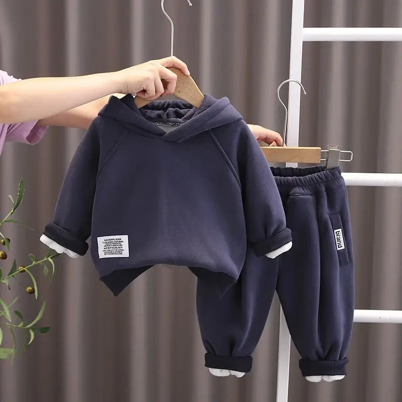 

Autumn Winter Children Clothes Sets Kids Boys Girls Hooded Warm Cotton Velvet Pullover Coats Outerwear+Pants 2Pcs New 0-5Y