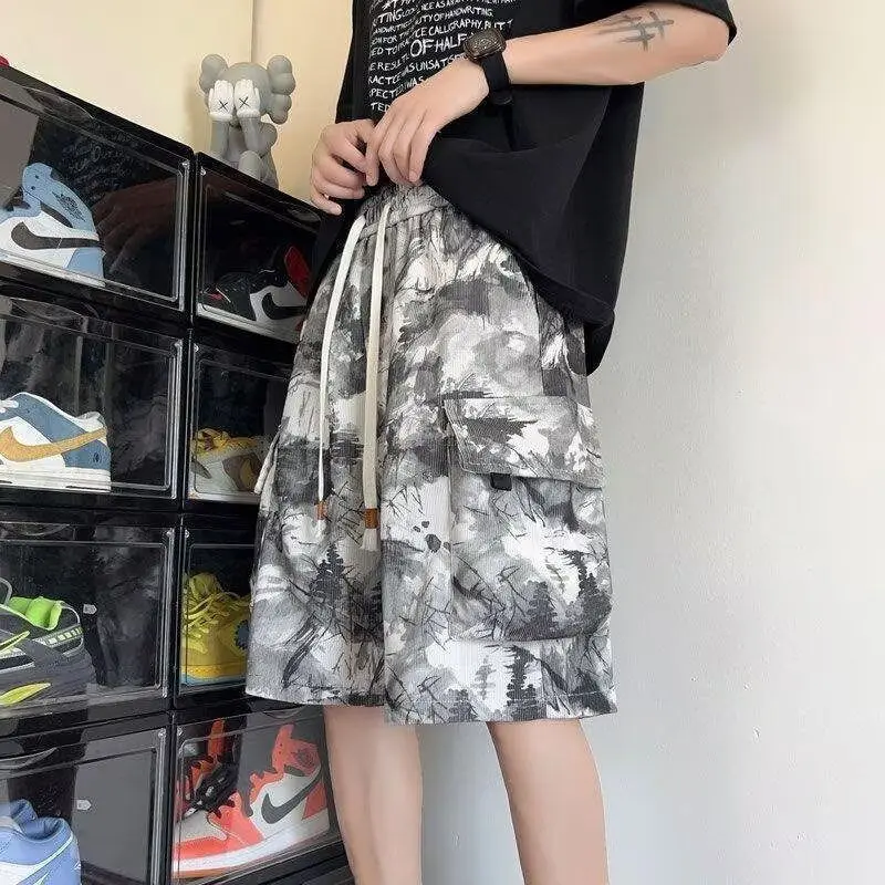 2025 American Black Workwear Shorts Men's Summer High Waisted Youth Pants Casual Tie Dye Large Pocket Five Quarter Horse Pants 2