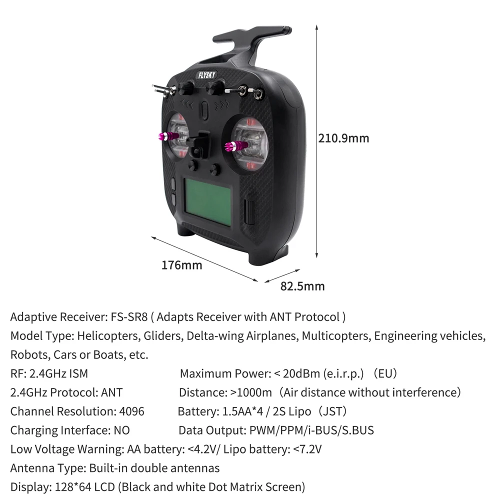 FLYSKY FS-ST8 2.4G 10CH ANT RGB 어시스턴트 3.0 라디오 송신기 FS-SR8 수신기, RC 비행기 자동차 제어용, 2S 1100mAh 1C 배터리