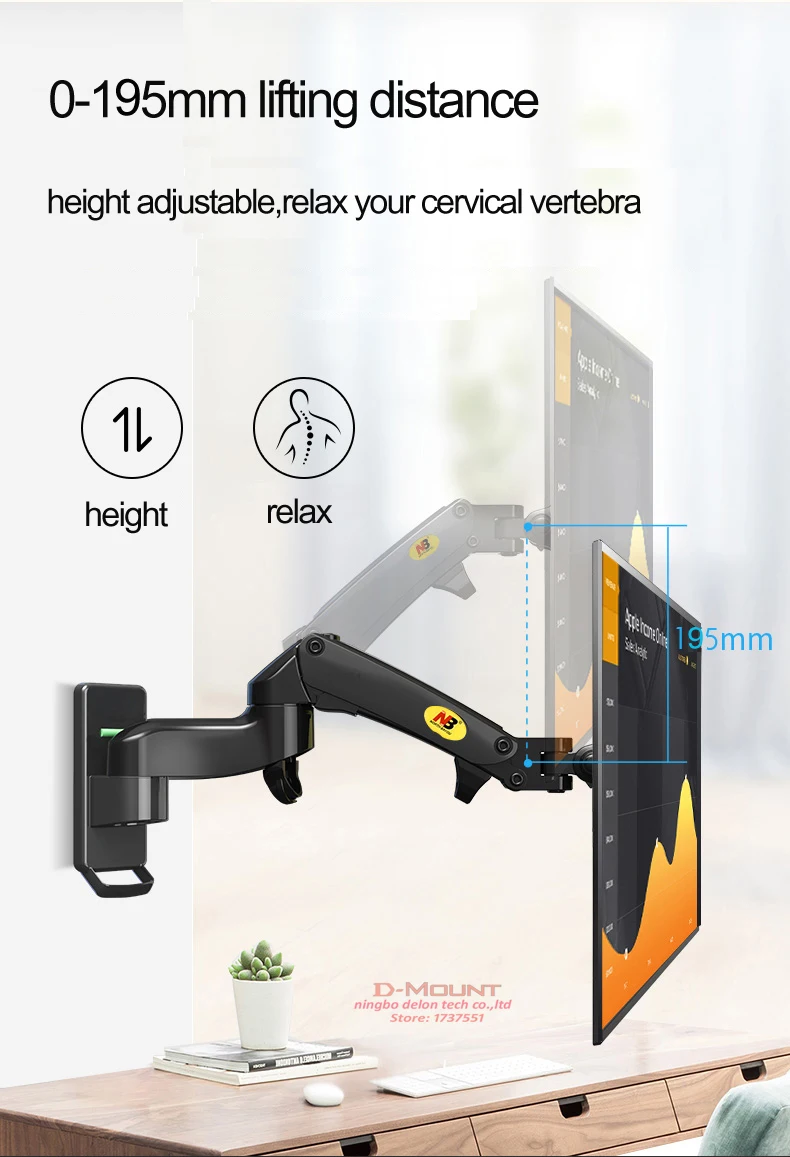 Alumínio Gás Spring Wall Mount Screen Air Press Suporte de Parede Inclinação Giratória tv Monitor 312kg 100x100 75x75 17 35 nb F150 - Image 4
