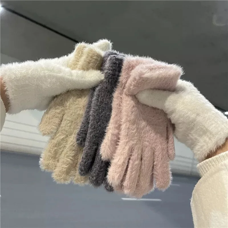 Winter Mink Velvet Five Finger Gloves Soft Plush Warm Cold-proof Gloves Women Outdoors Cycling Solid Color Wistiti Mittens