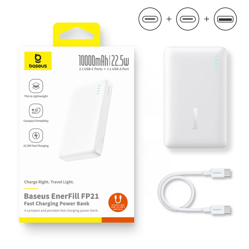 Baseus 22.5W Power Bank 10000mAh Portable Charger PowerBank QC PD Fast Charging External Battery For iPhone 16 15 Samsung Xiaomi 6