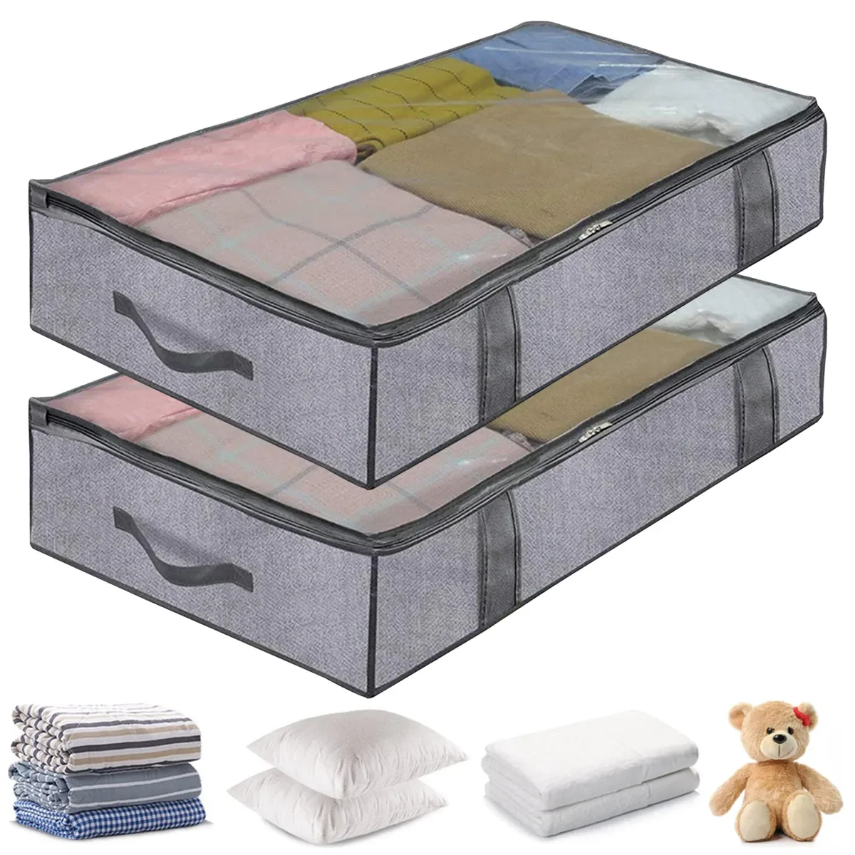 

Breathable Under Bed Storage Bags, Clear Cover, Foldable Clothes Organizer for Bedding Linens, Underbed Clothing Closets