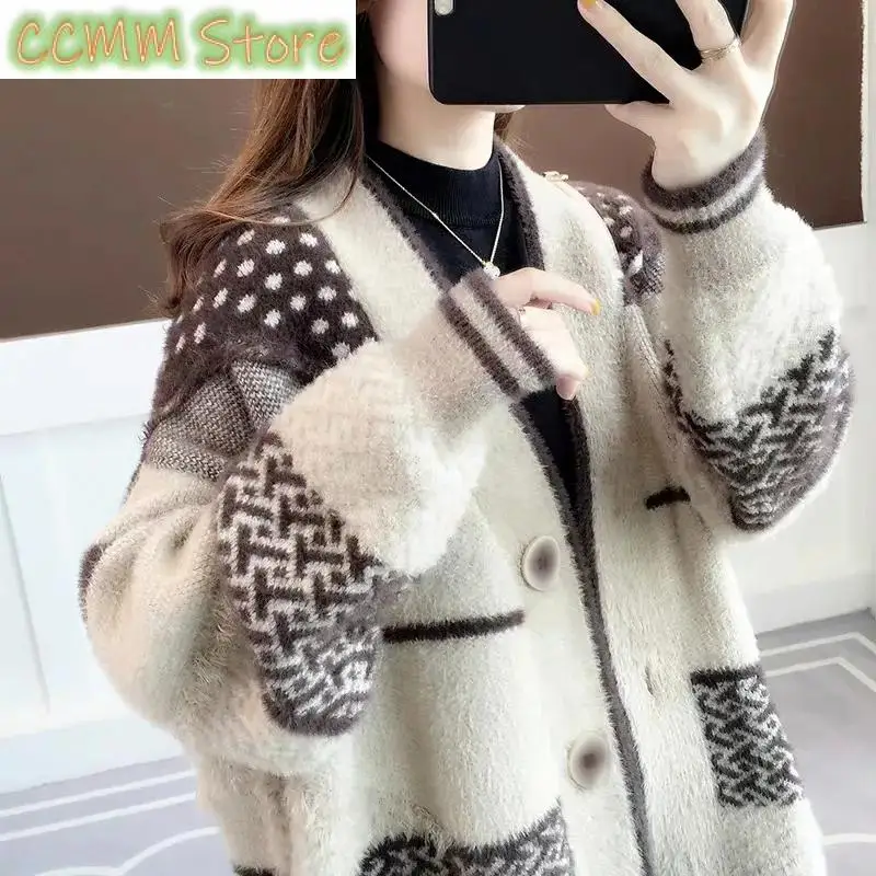 

New Mink Velvet Knitted Cardigan Jacket Women Loose Ladies Sweater Outerwear Spring And Autumn All-Match Button Jacket