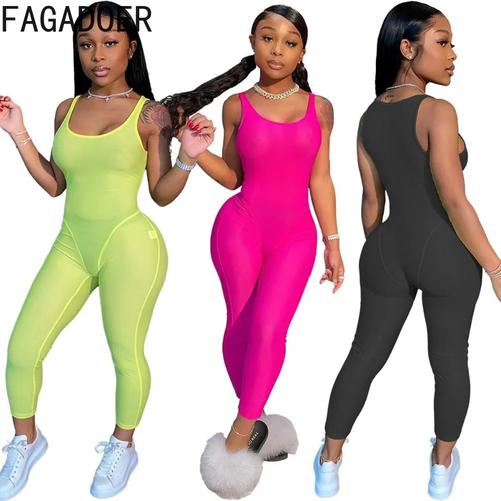 FAGADOER Neon Sexy Mesh Jumpsuit Women Skinny Sleeveless See Through Fitness Activity Casual Sporty Clubwear Outfits Rompers