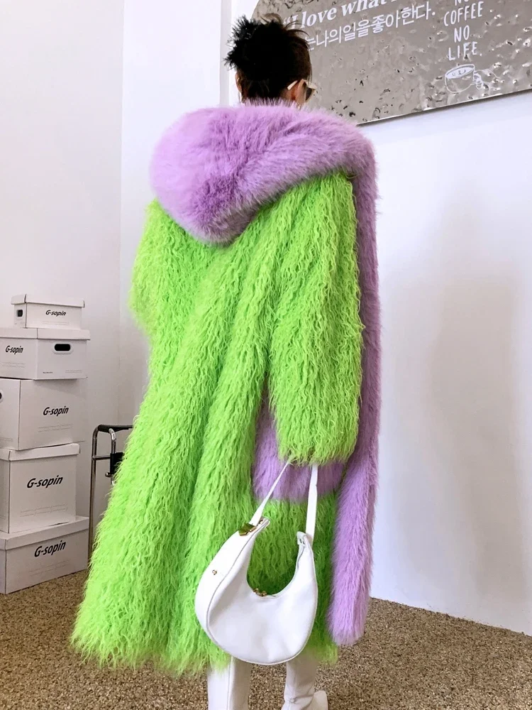 Fruit Green Environmental Protection Fur Long Loose Large Lapel Packet Furry Coat Lamb Wool Cotton Padded Thick Jacket For Women