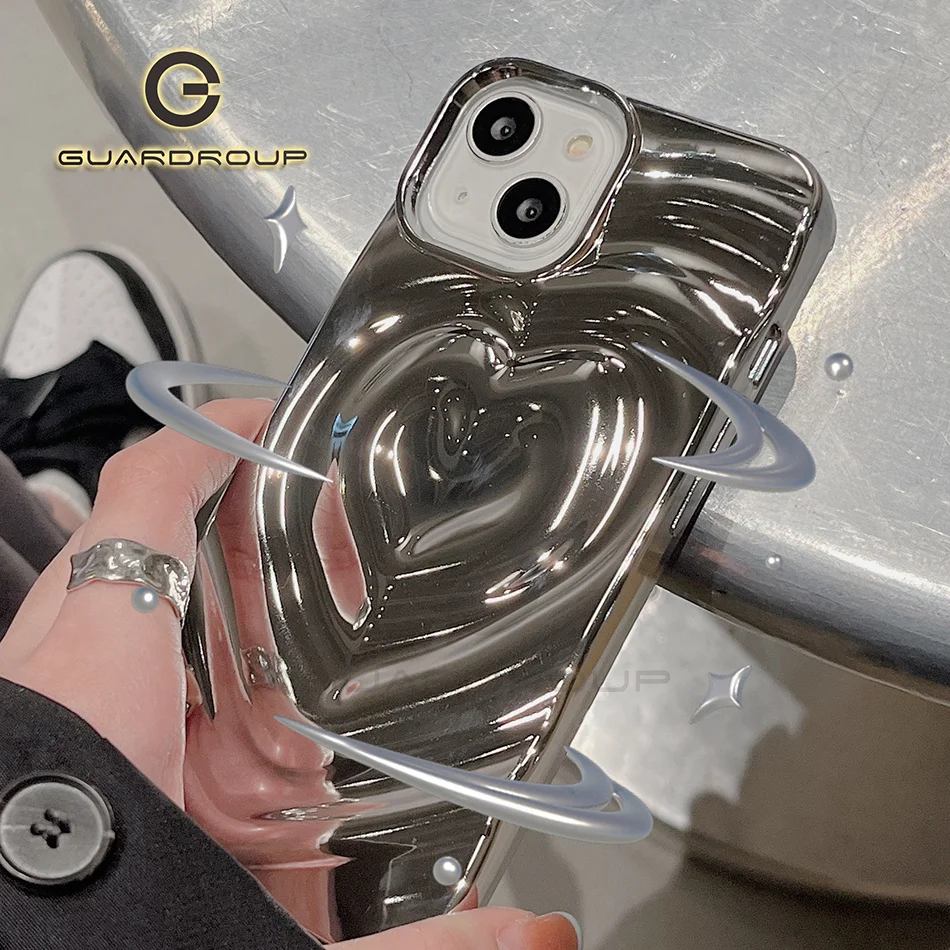Luxury 3D Mirror Silver Heart Fold Water Ripple Phone Case Per Iphone 14 13 12 11 Pro Max Cover Posteriore Antiurto In Silicone Morbido