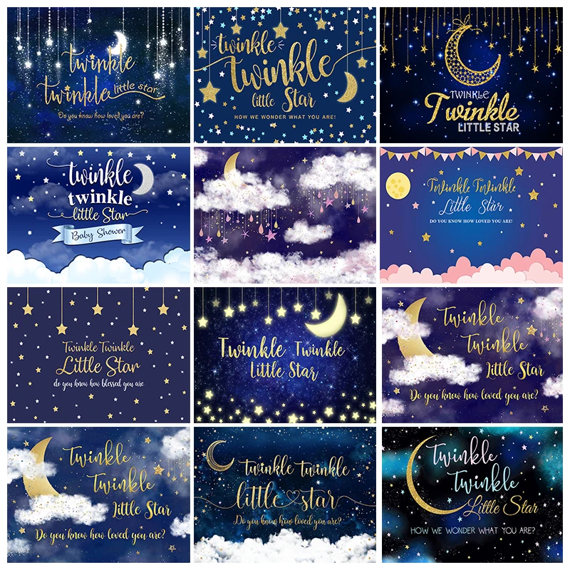 

Mocsicka Twinkle Twinkle Little Star Newborn Photography Background Starry Sky Gold Stars Moon Baby Shower Backdrop Decor Banner