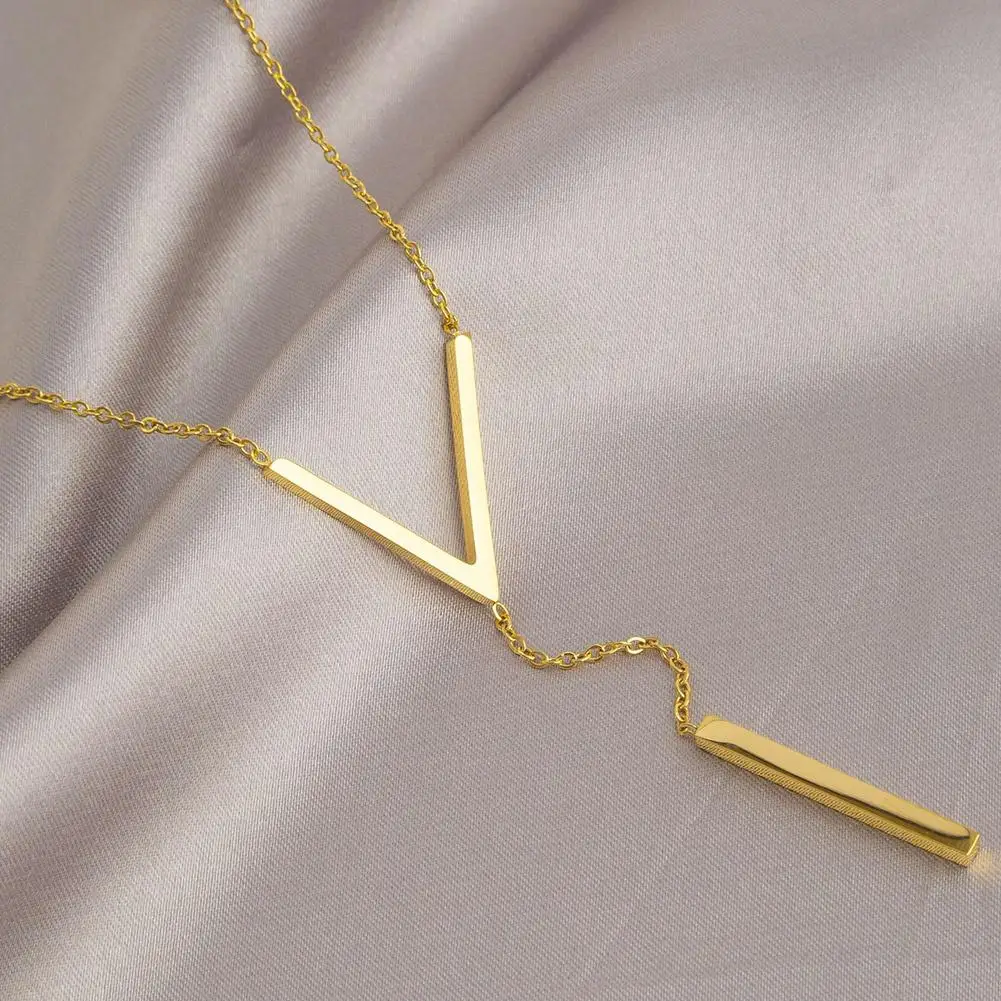 Gold-color Stainless Steel Long Bar Tassel Paragraph Collarbone Minimalist Shaped Holiday Necklace Female Party V Necklace F1X3 6