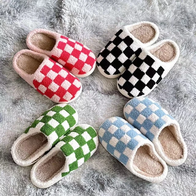 Shoes Women Winter Home Slippers Checkered Faux Fur Light Sole White Black Chessboard Plaid Shoes