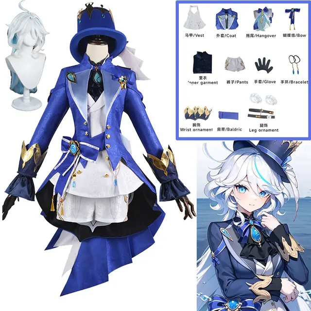 Anime Game Genshin Impact Focalors Cosplay Hat Wig Hair Full Set Outfit Carnival Women's Outfit Dress Halloween Costume 1