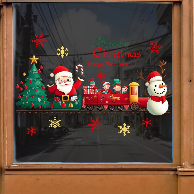 1pc 39x90cm Cartoon Santa Elk Snowman Wall Sticker Living Room Kitchen Holiday Party Home Decoration Christmas Wall Stickers
