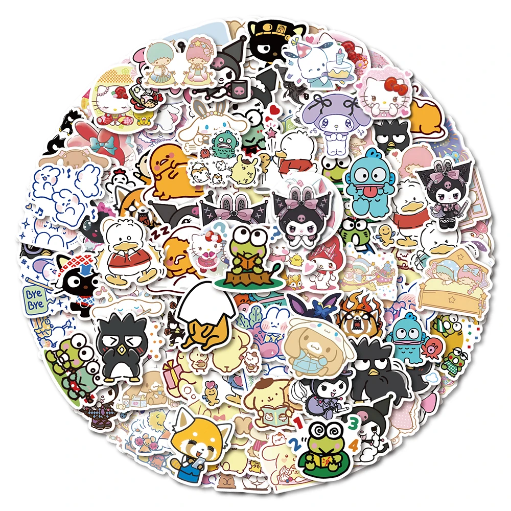 Autocollants mignons Hello Kitty Sanurgente Kuromi Pachacco Cinnamoroll, mélange drôle, décalcomanie, jouet pour enfant, mur, téléphone, réfrigérateur, voiture, bricolage, 10 pièces, 30 pièces, 50 pièces, 100 pièces