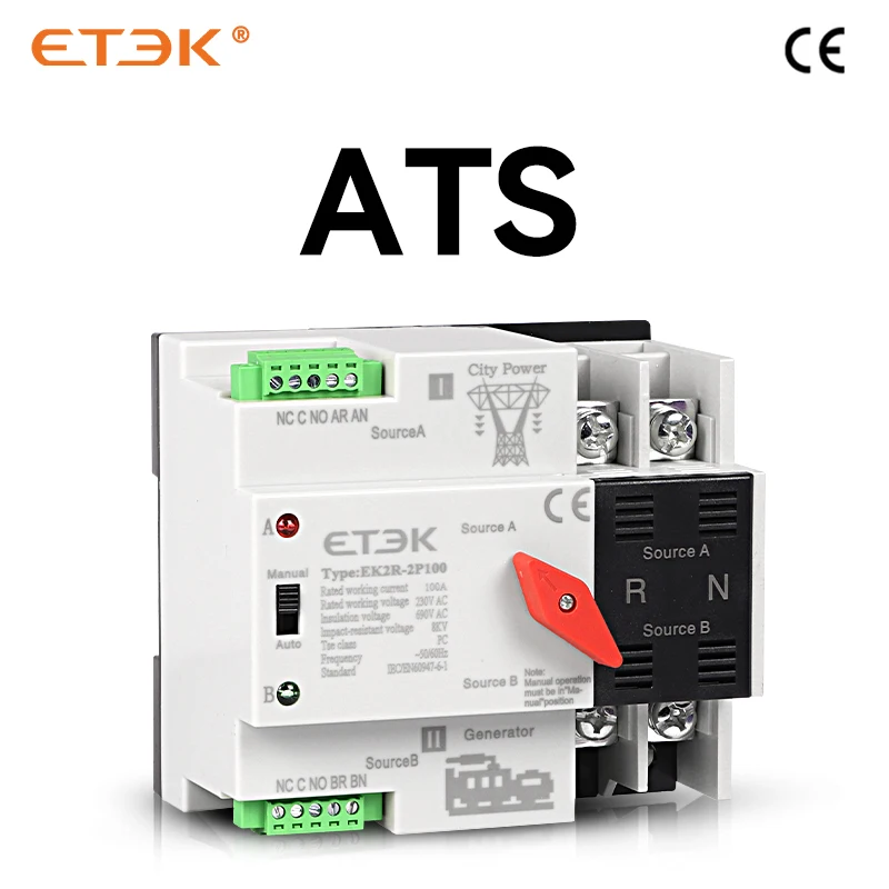 ETEK Dual Power Automatic Transfer Switch 2P 4P Din Rail ATS Uninterruptible Power Supply For Solar And Inverter 220V  EK2R