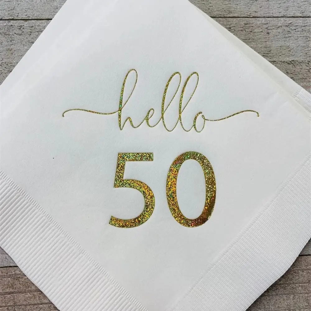 50 Pz Hello Fifty White W/Metallic Glitter Gold Foil Tovaglioli Per Bevande Cocktail 3 Strati Buon Compleanno 50Th Hello 50 Fifty