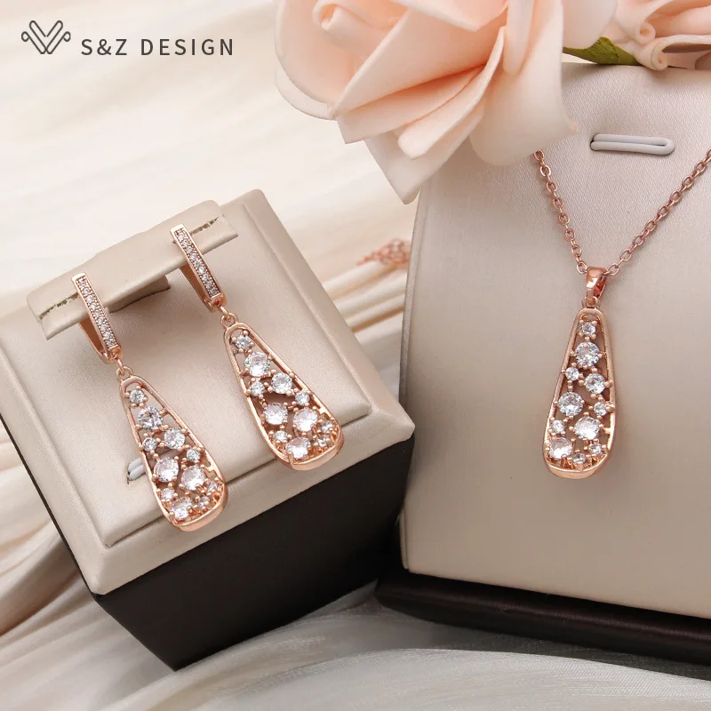 S&Z DESIGN New Fashion Hollow Bent Leaf Cubic Zirconia Pendant Necklace For Women 585 Rose Gold Color Jewelry Daily Accessories