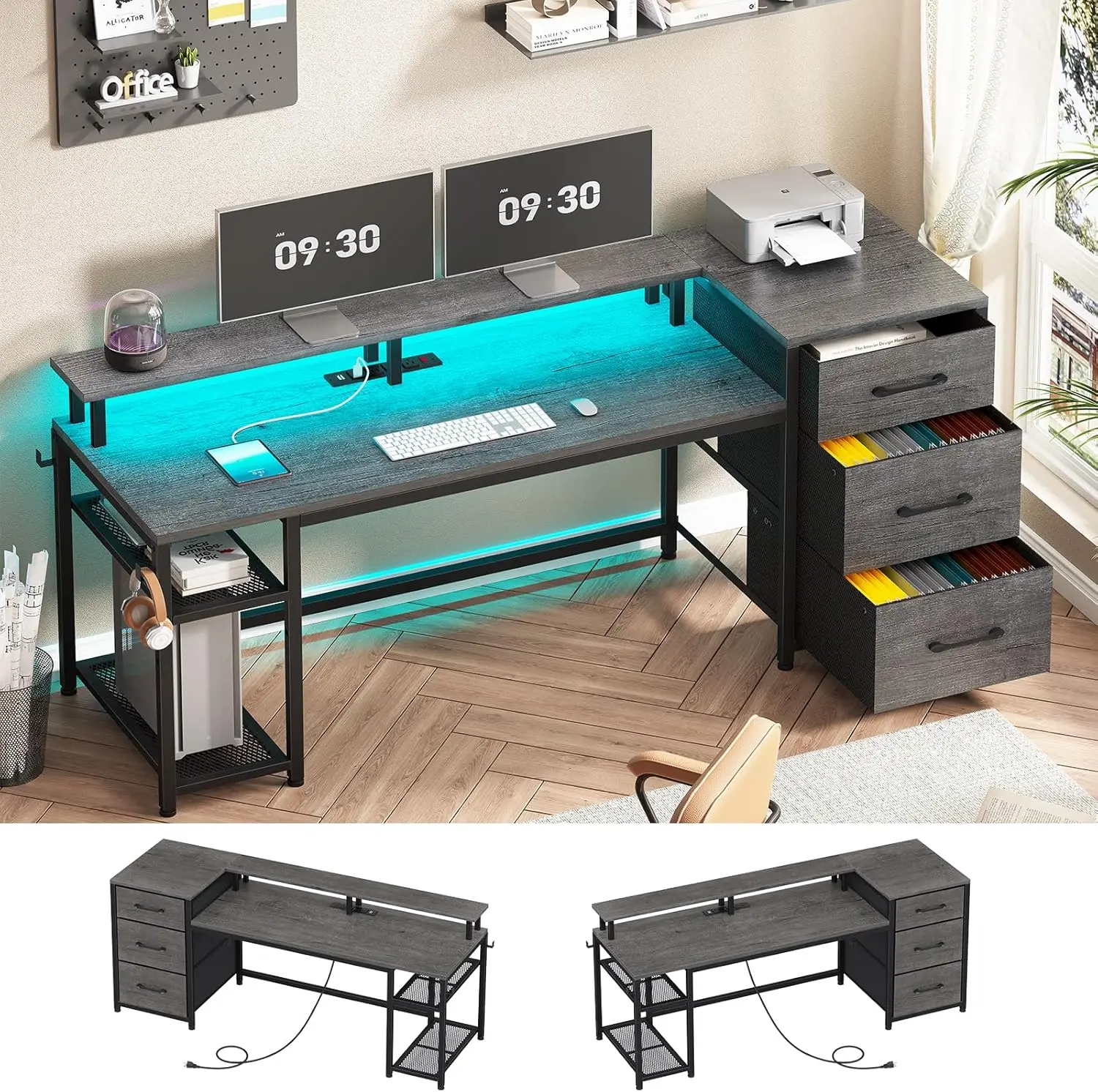 Computer Desk with File Drawers & Storage Reversible Gaming Desk with LED Lights & Power Outlet