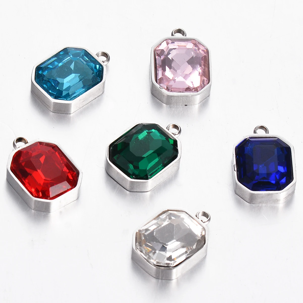 10pcs Stainless Steel Square Multicolour Cubic Zirconia Charms Pendant Silver Color for DIY Necklace Making Jewelry Accessories
