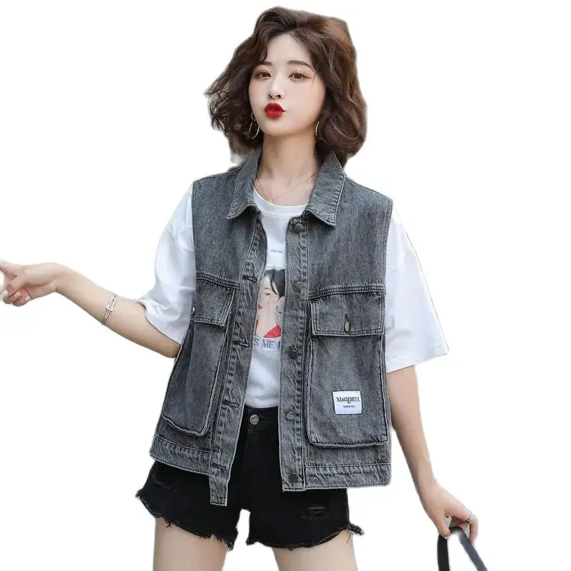 

Spring Summer Short Denim Vest Coat Women 2023 New Loose Jacket Fashion Work Vest Pure Colour Waistcoat Thin Outwear Female