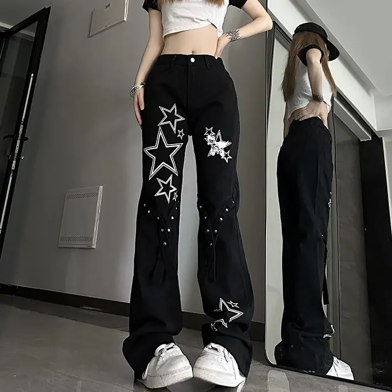 마이크로 라 아메리칸 스타 청바지, 여성용 트렌드 조커 Y2k 하이 웨이스트 슬림, 루즈한 스트레이트 와이드 레그 캐주얼 바지, 롱 팬츠, 소녀, 신제품