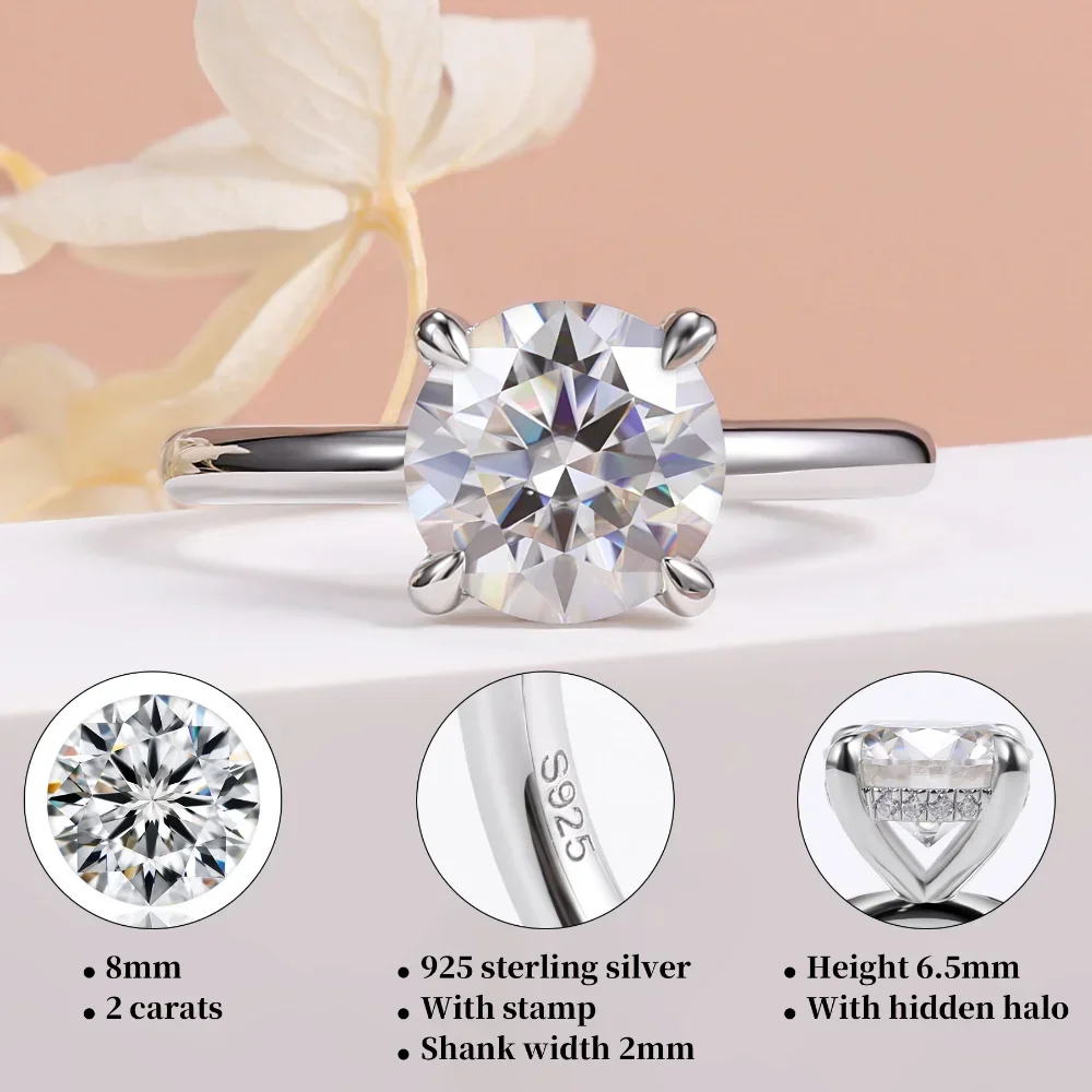 Moissanite Ring for Womem 925 Sterling Silver 2ct Round Solitaire Engagement Ring D Color VVSI Lab Diamond Bands Wedding Jewelry