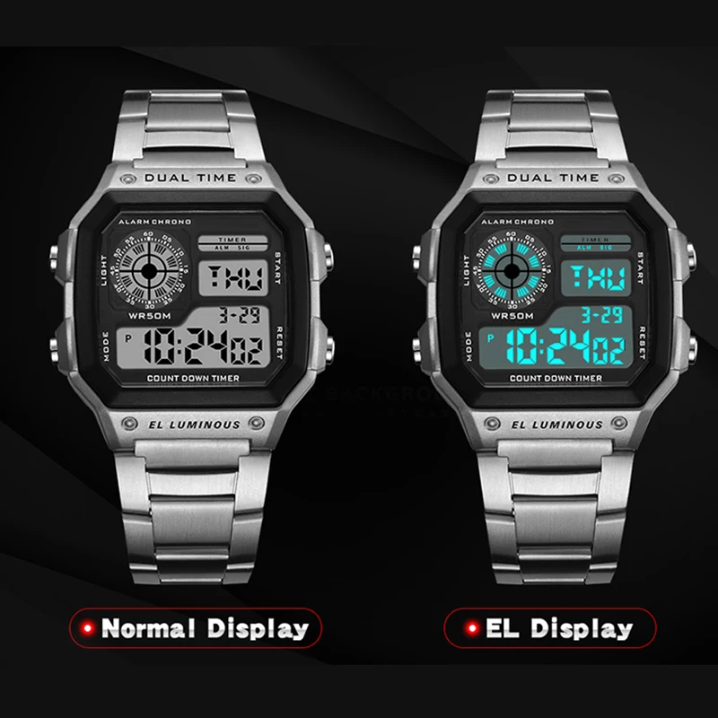 YIKAZE Digital Watch Men's Watch Stainless Steel Strap Countdown Sport Watches Waterproof Led Electronic Wristwatch for Men Gift 5