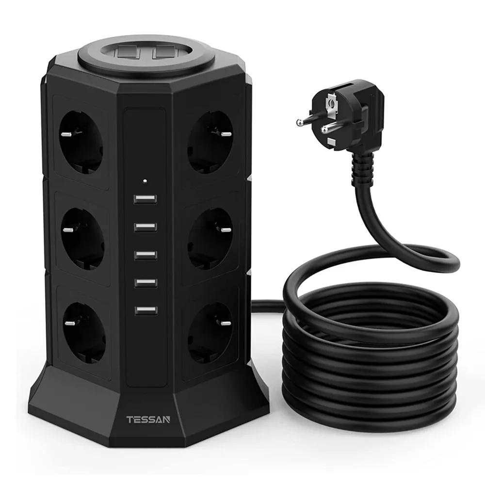 

TESSAN Vertical Tower Power Strip with 12 Sockets 5 USB 2M Extension Cable Europe Korea Plug Multi-tap Outlet Surge Protection