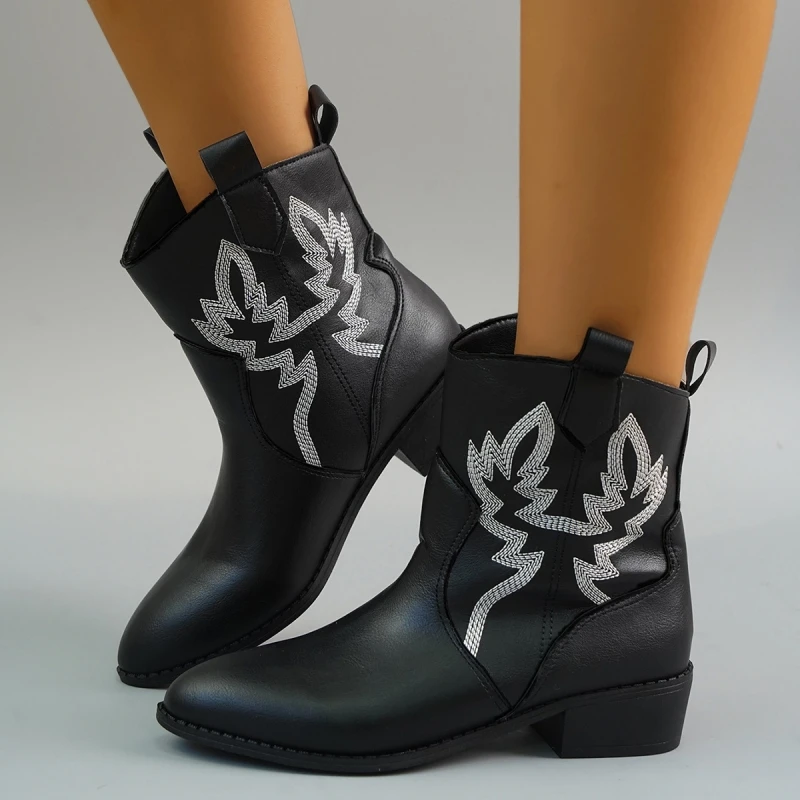 

Женские ботинки из искусственной кожи, модель 2023 года, модные ковбойские ботинки на высокой танкетке, с принтом, в западном стиле, 42