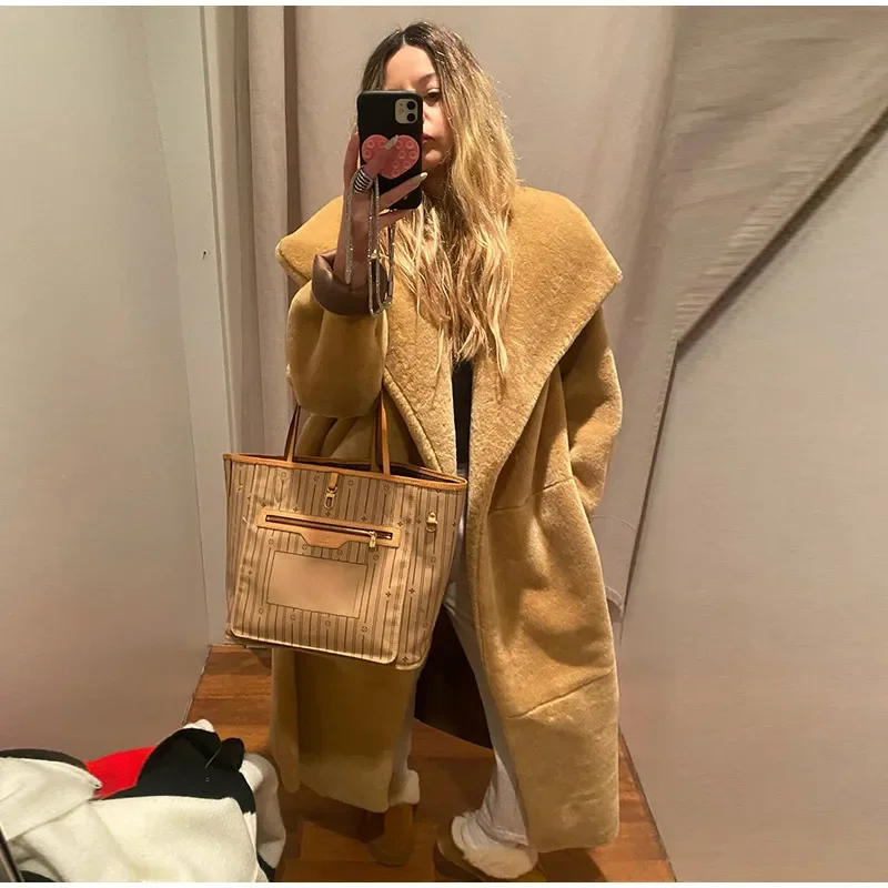 Abrigos largos elegantes de piel sintética con cinturón, solapa grande, manga larga y bolsillo, abrigos de felpa para mujer, ropa de calle de invierno 2025