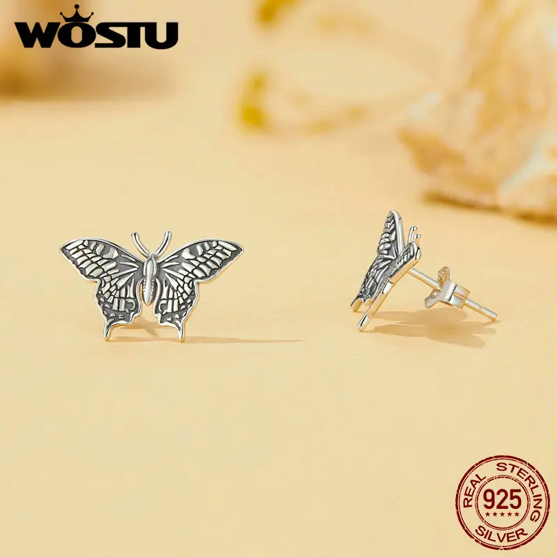WOSTU 925 Sterling Silver Butterfly Earrings Open Ring Set Oxidized Silver for Women Girl Party Gift Vintage Adjustable Jewelry 4