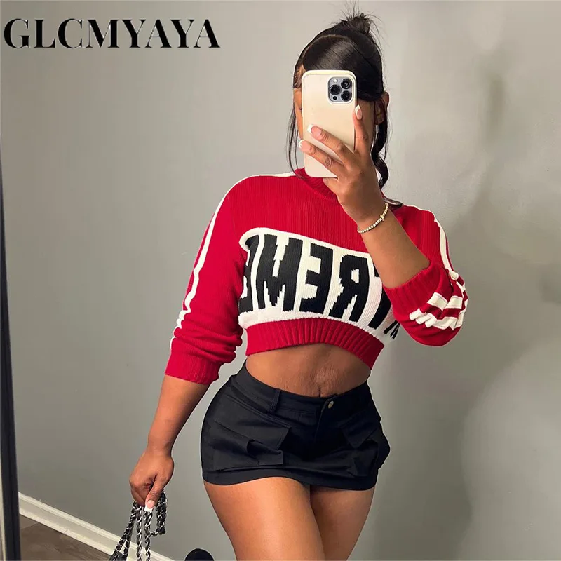 

Женский уличный топ с круглым вырезом GLCMYAYA, повседневный укороченный топ с буквенным принтом, модные вязаные облегающие пуловеры с длинным рукавом, 2023