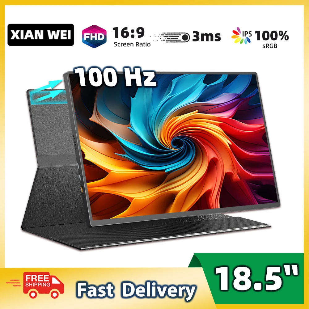 XIANWEI 휴대용 모니터 100% SRGB FHD 외부 디스플레이 화면, USB C IPS, 노트북 맥북 폰 PC XBox PS4/5 스위치용, 18.5 인치 